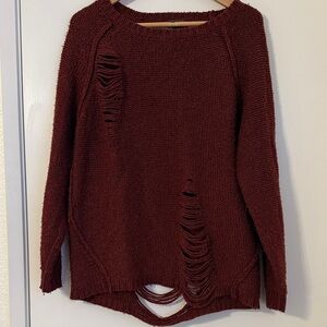 Sparkle & Fade Distressed Knit Sweater - Burgundy